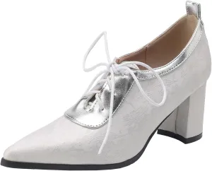 Womens Elegant Lace up Pumps Fashionable Pointed Toe Oxfords with Block Heel