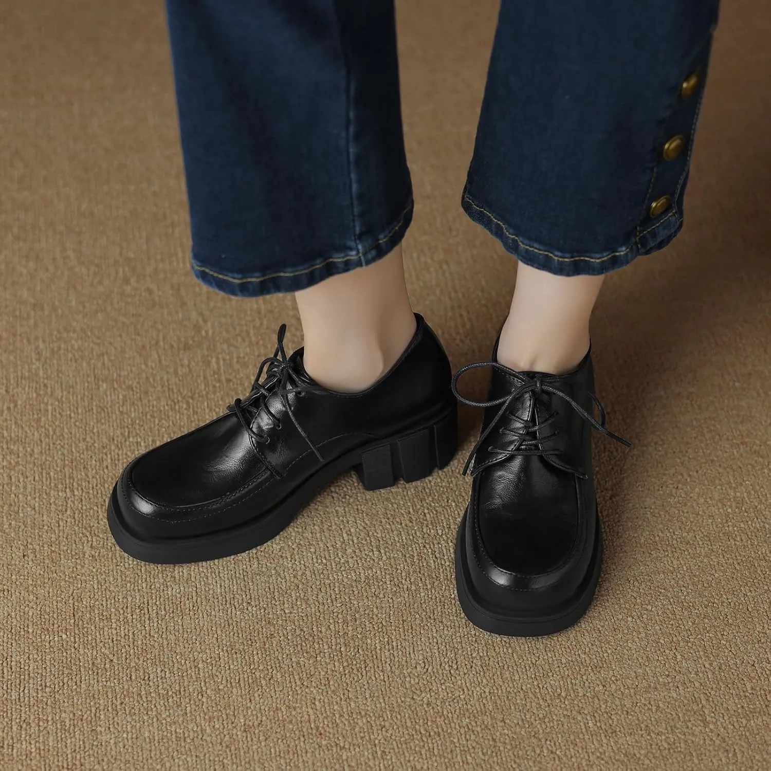 Womens Lace up Pumps Fashionable Round Toe Oxfords with Block Heel