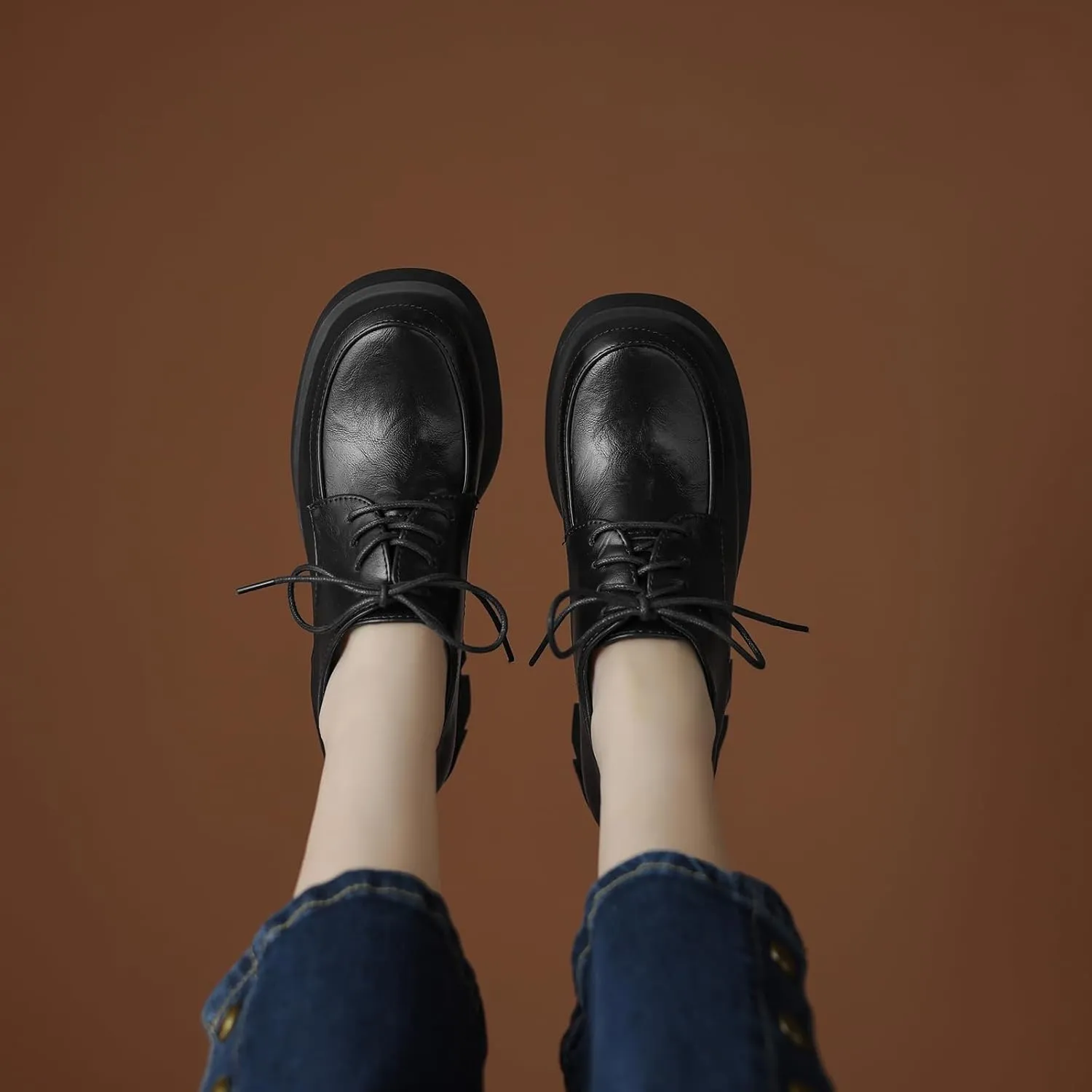 Womens Lace up Pumps Fashionable Round Toe Oxfords with Block Heel