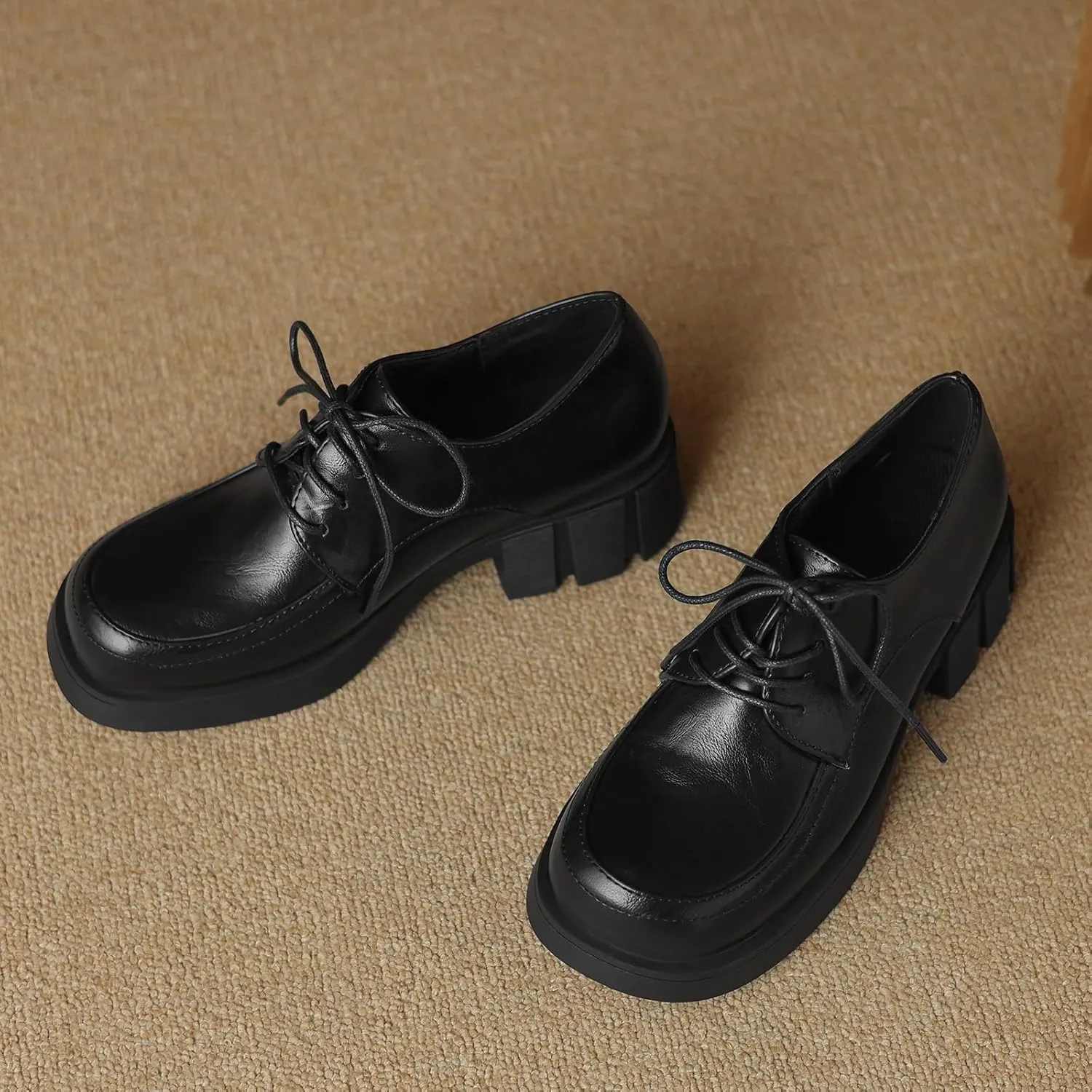 Womens Lace up Pumps Fashionable Round Toe Oxfords with Block Heel