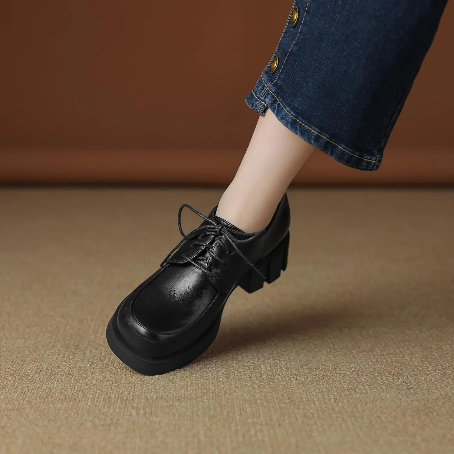 Womens Lace up Pumps Fashionable Round Toe Oxfords with Block Heel