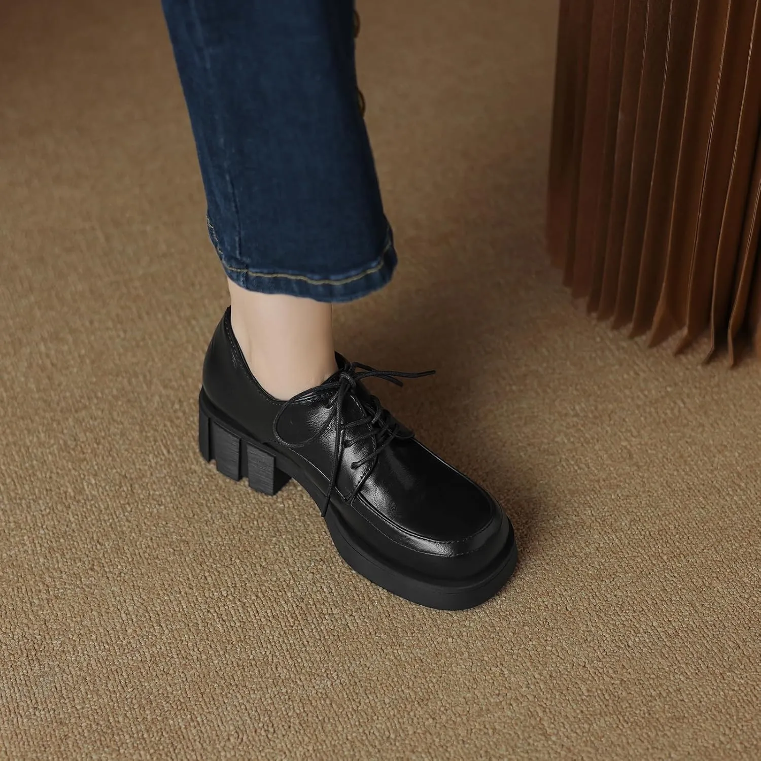 Womens Lace up Pumps Fashionable Round Toe Oxfords with Block Heel