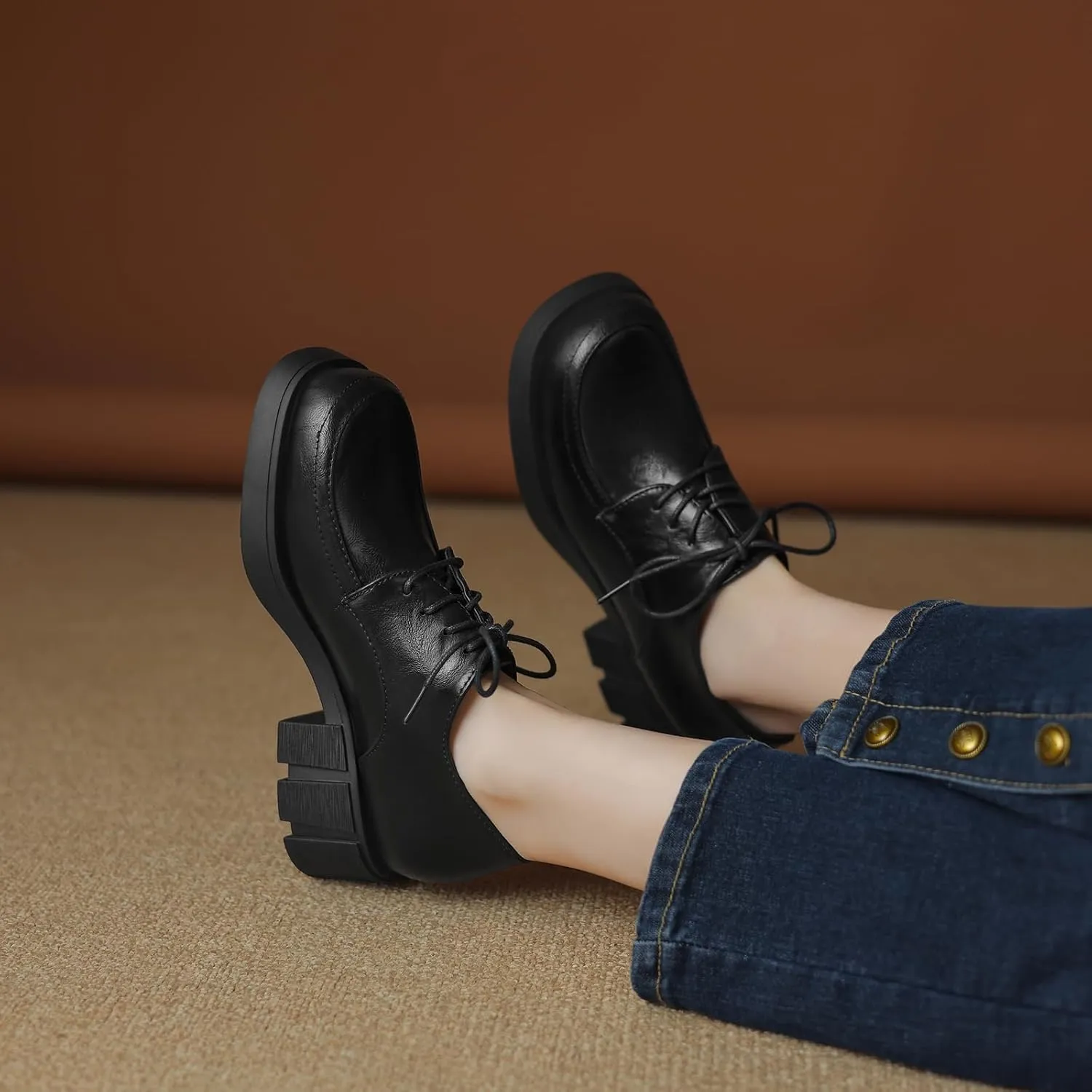 Womens Lace up Pumps Fashionable Round Toe Oxfords with Block Heel