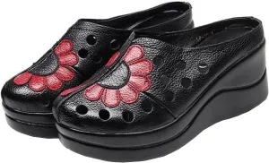 Women's Leather Closed Round Toe Fashion Platform Mules Comfortable Non-Slip Cutout Breathable Slip-On Wedge Backless Sandals for Outdoor Walking Beach