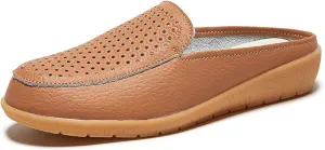 Womens Leather Hollow Slip-On Lightweight Flat Mules Closed Round Toe Comfortable Soft Non-Slip Backless Casual Penny Shoes for Daily Walking Outdoor