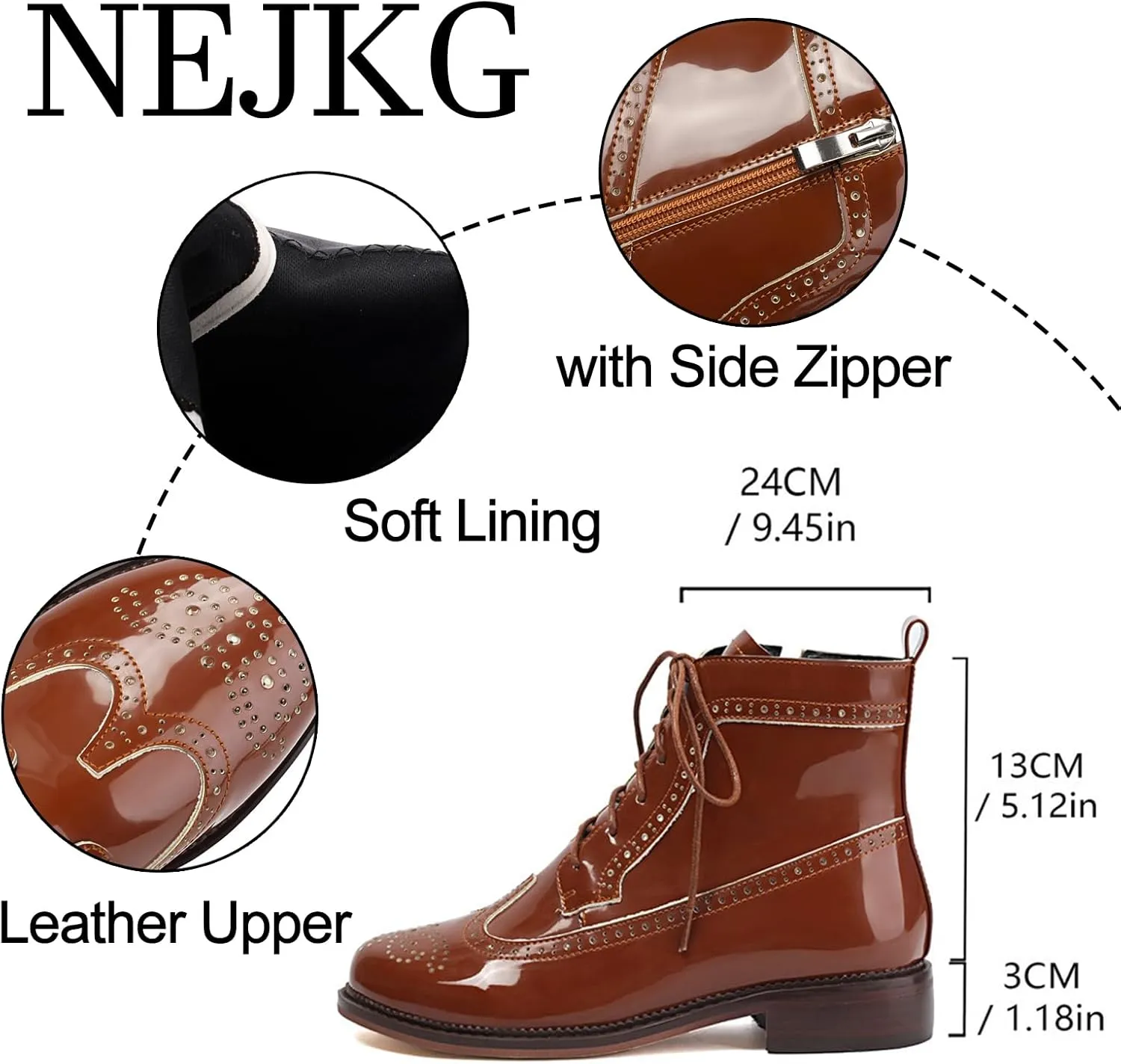 Women's Patent Leather Low Heel Wingtip Ankle Boots with Side Zipper Comfort Breathable Brogue Boots Fashion Outdoor Lace Up Combat Boots