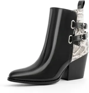Womens Pointed Toe Ankle Boots Two Buckle Straps Fashion Dating Dress 3 Inch Chunky Block Mid Heel Booties with Zip
