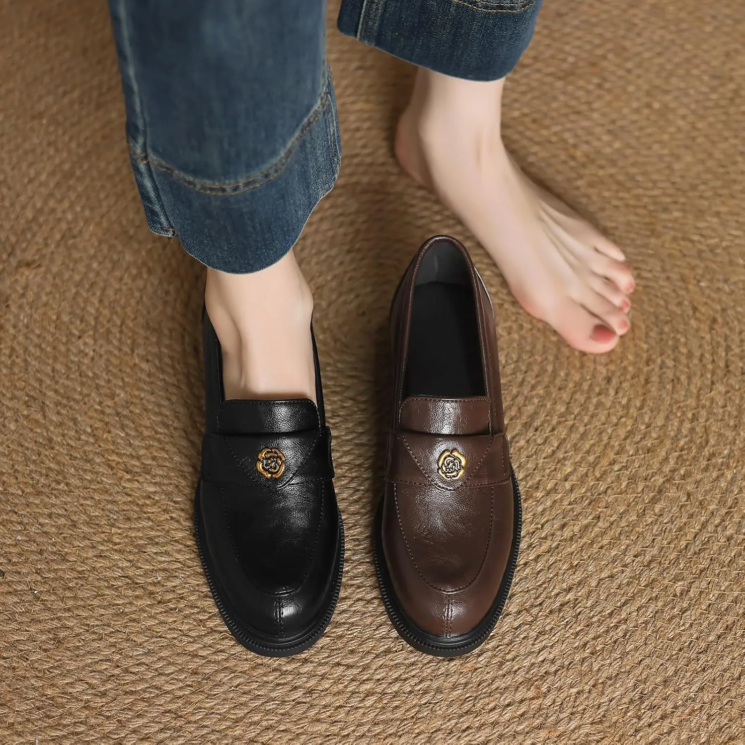 Women's Pumps Loafers Round Toe Slip On Shoes with Elegant Floral Decoration Comfortable Low Heel