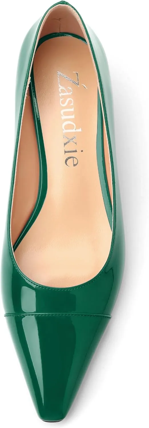 Womens Pumps, Low Kitten Heel Pumps Slip-on Pointed Toe Dress Shoes Office Party Wedding Patent 1.4 Inch