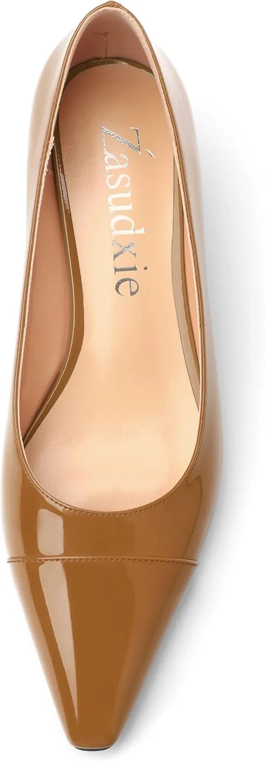 Womens Pumps, Low Kitten Heel Pumps Slip-on Pointed Toe Dress Shoes Office Party Wedding Patent 1.4 Inch