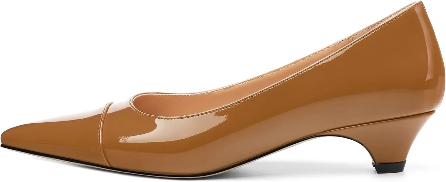 Womens Pumps, Low Kitten Heel Pumps Slip-on Pointed Toe Dress Shoes Office Party Wedding Patent 1.4 Inch