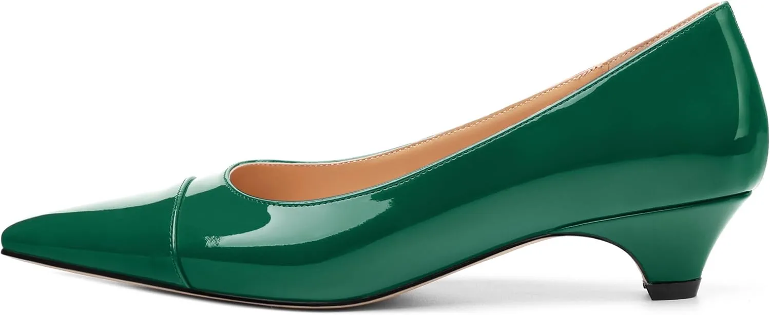 Womens Pumps, Low Kitten Heel Pumps Slip-on Pointed Toe Dress Shoes Office Party Wedding Patent 1.4 Inch