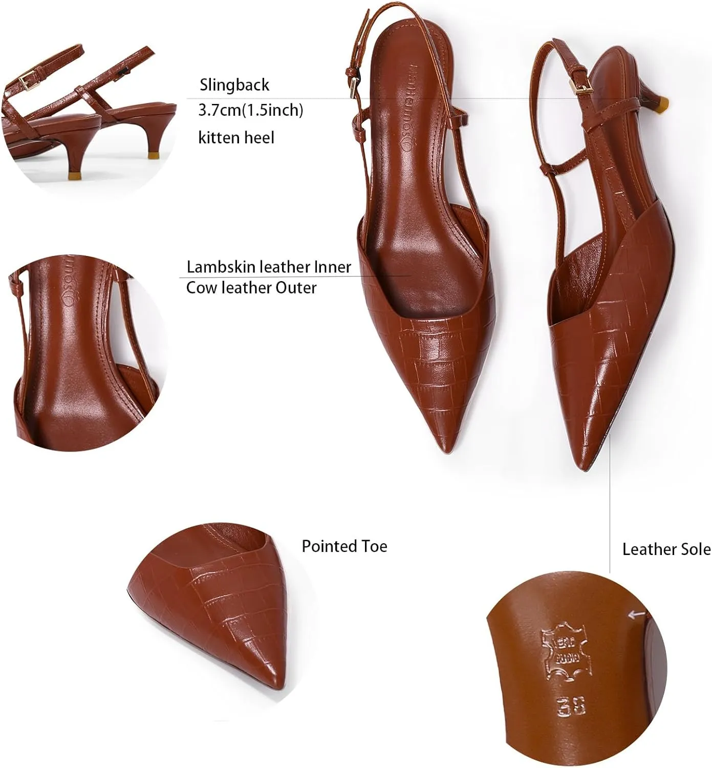 Women's Pumps Slingback Kitten Heels Closed Toe for Women Sexy Slip on Shoes Full Genuine Leather