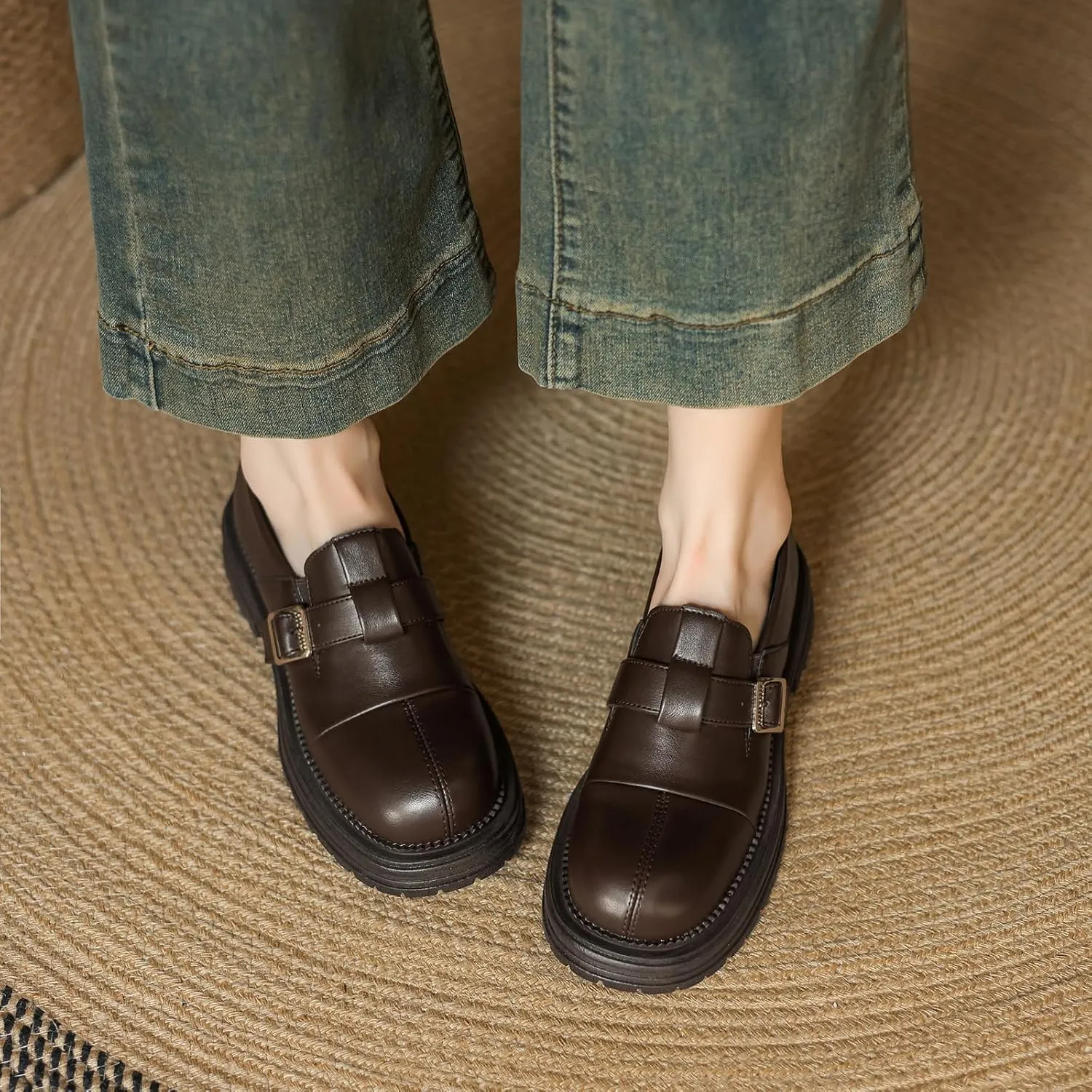 Women's Retro Round Toe Pumps Casual Slip On Flat Heel Loafers