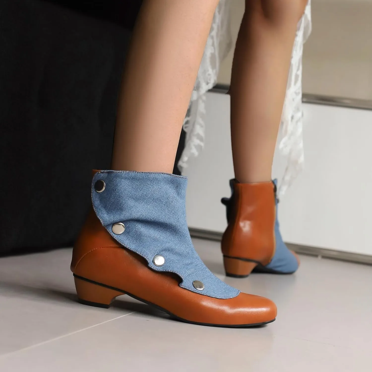 Women's Round Toe Ankle Boots with Mid Block Heel and Zipper
