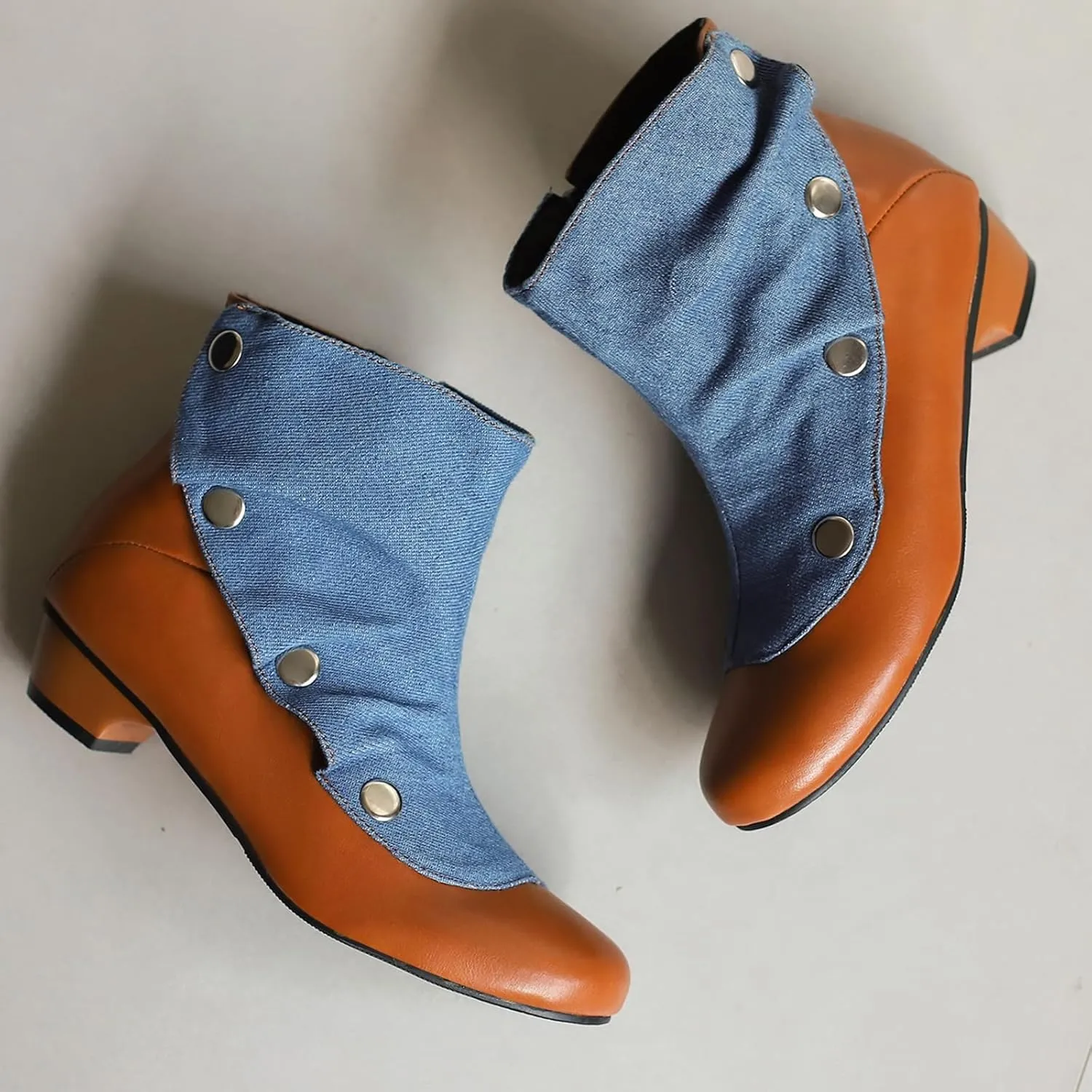 Women's Round Toe Ankle Boots with Mid Block Heel and Zipper