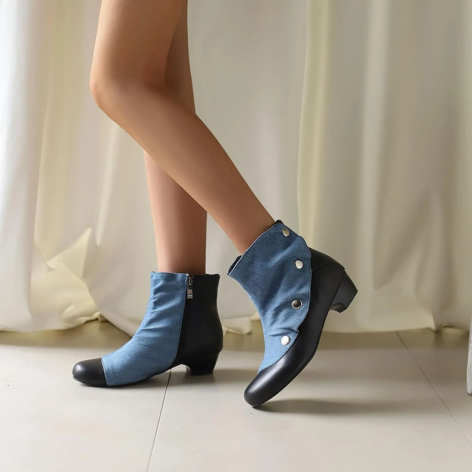 Women's Round Toe Ankle Boots with Mid Block Heel and Zipper