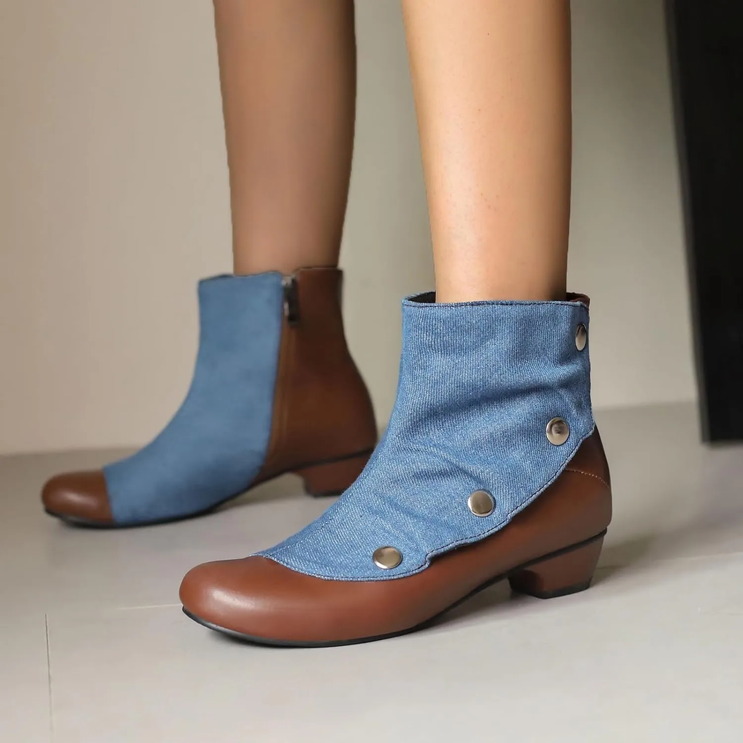 Women's Round Toe Ankle Boots with Mid Block Heel and Zipper