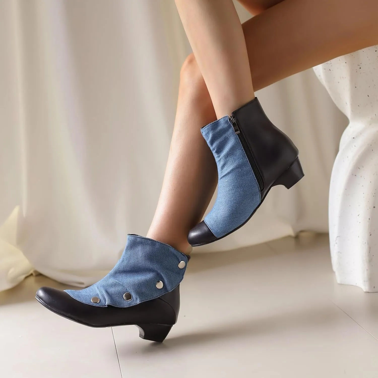 Women's Round Toe Ankle Boots with Mid Block Heel and Zipper