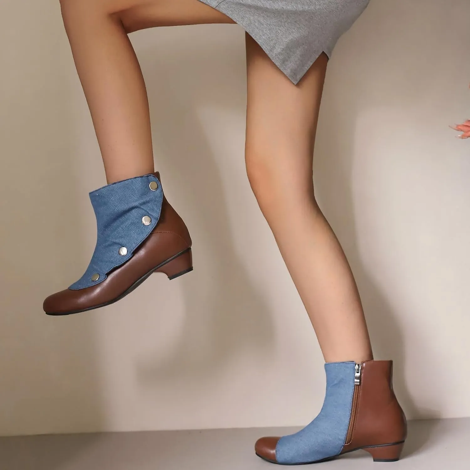 Women's Round Toe Ankle Boots with Mid Block Heel and Zipper