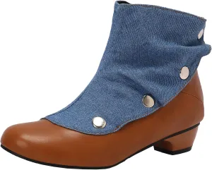 Women's Round Toe Ankle Boots with Mid Block Heel and Zipper