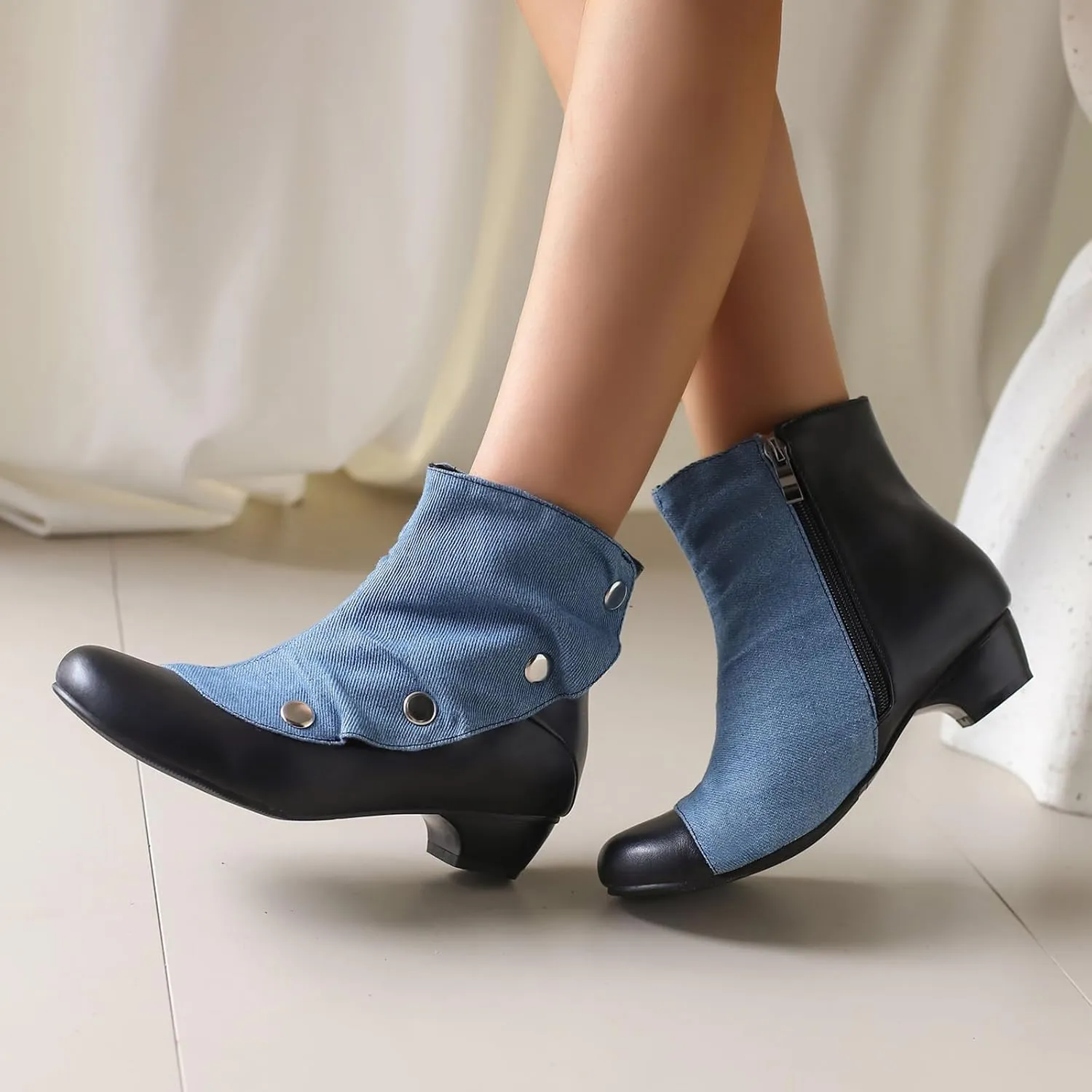 Women's Round Toe Ankle Boots with Mid Block Heel and Zipper