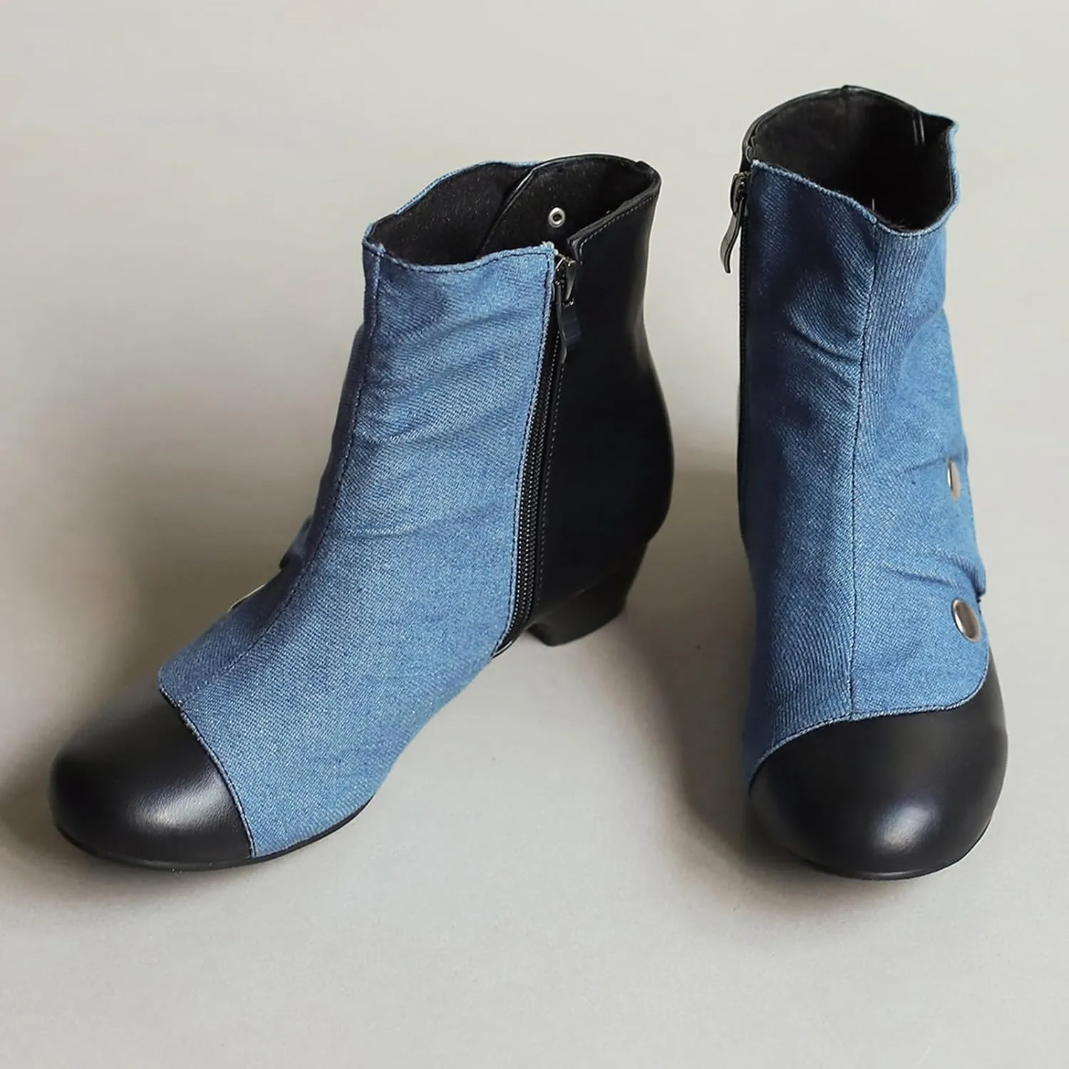 Women's Round Toe Ankle Boots with Mid Block Heel and Zipper