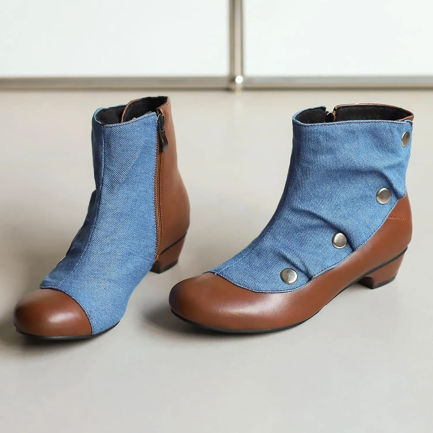 Women's Round Toe Ankle Boots with Mid Block Heel and Zipper