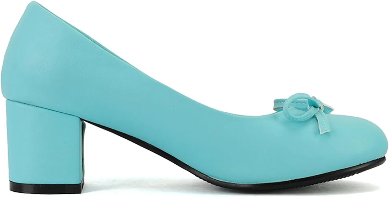 Women's Round Toe Chunky Heel Loafers Slip-on Pumps Dress Shoes with Bows
