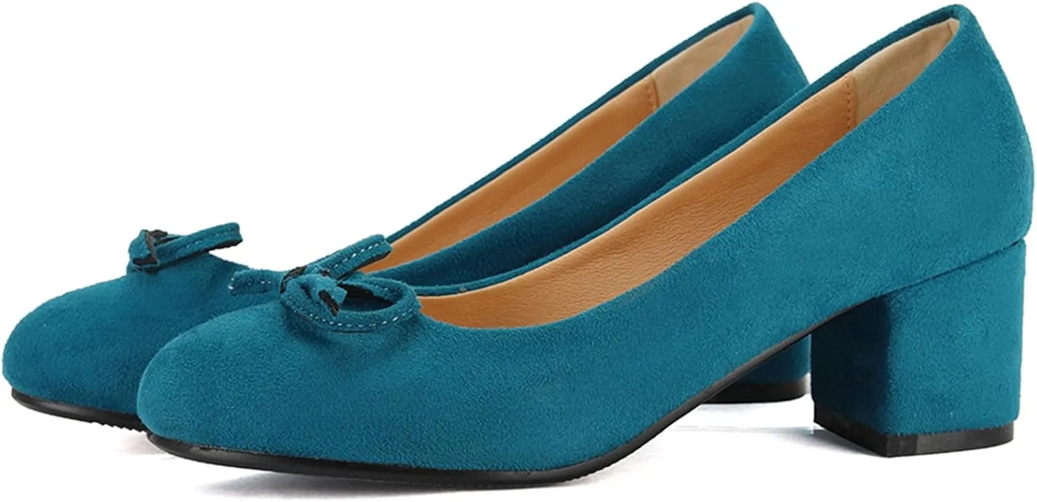 Women's Round Toe Chunky Heel Loafers Slip-on Pumps Dress Shoes with Bows