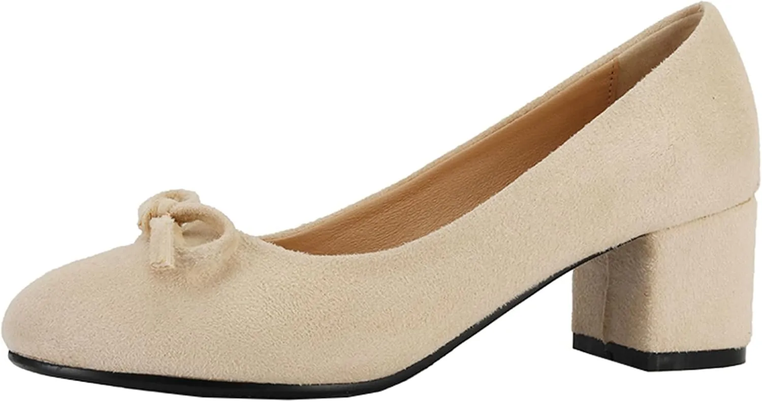 Women's Round Toe Chunky Heel Loafers Slip-on Pumps Dress Shoes with Bows