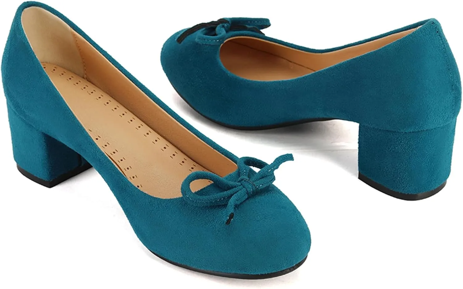Women's Round Toe Chunky Heel Loafers Slip-on Pumps Dress Shoes with Bows