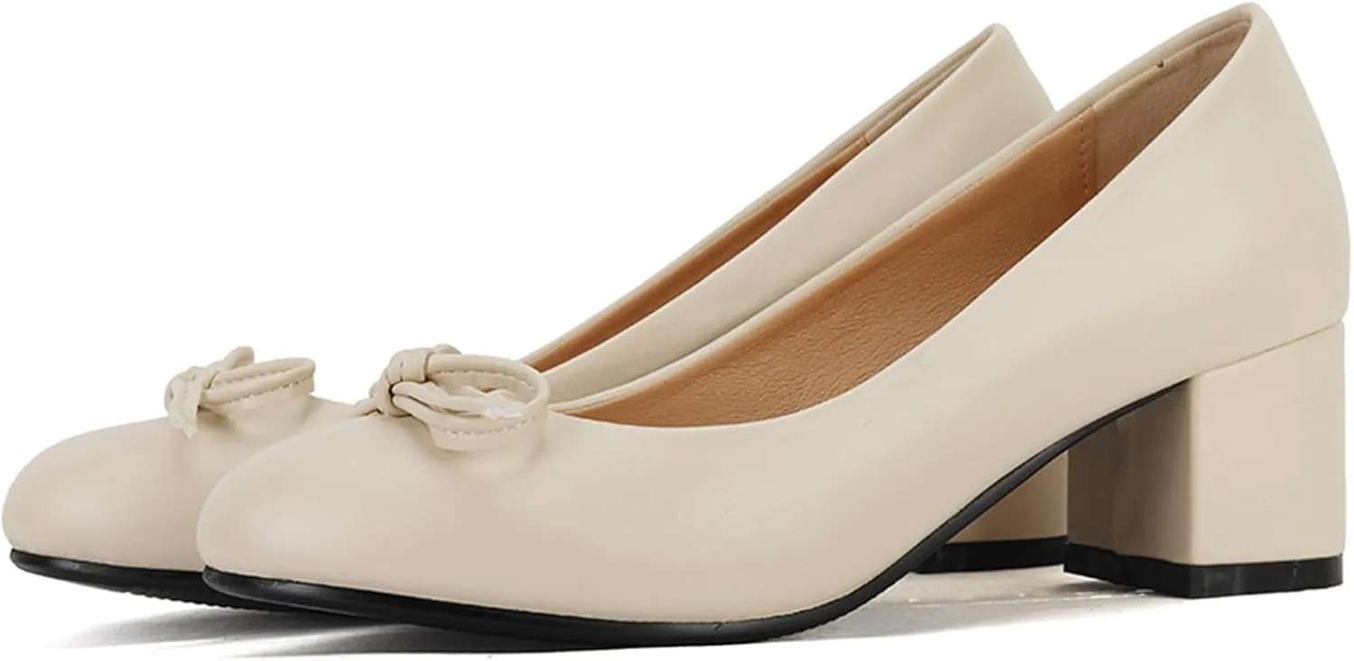 Women's Round Toe Chunky Heel Loafers Slip-on Pumps Dress Shoes with Bows