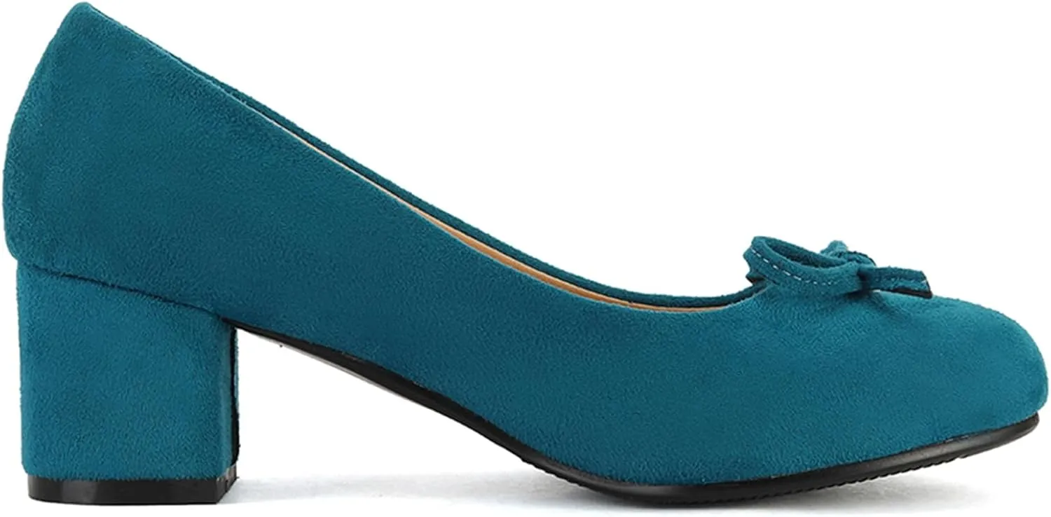 Women's Round Toe Chunky Heel Loafers Slip-on Pumps Dress Shoes with Bows
