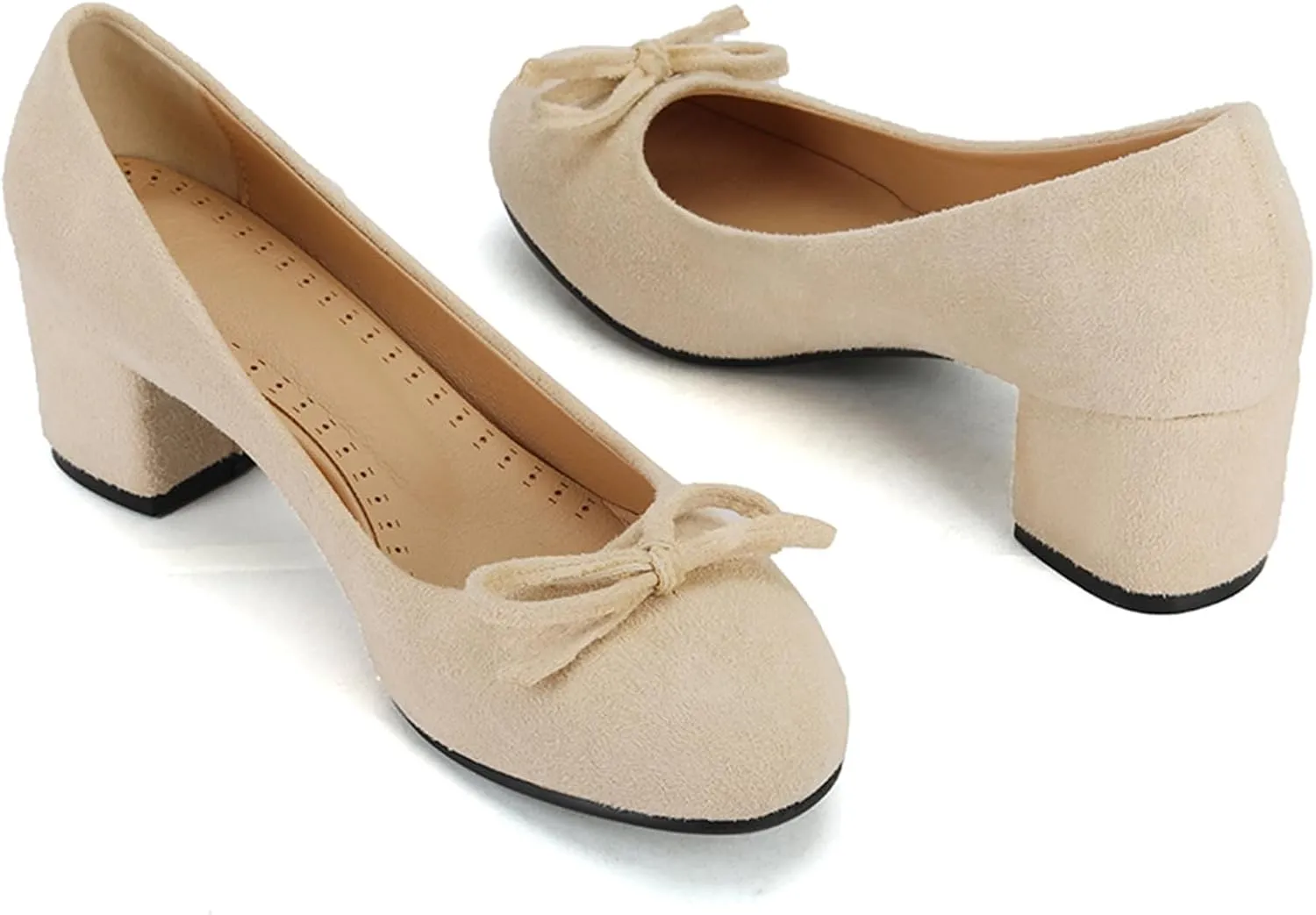 Women's Round Toe Chunky Heel Loafers Slip-on Pumps Dress Shoes with Bows