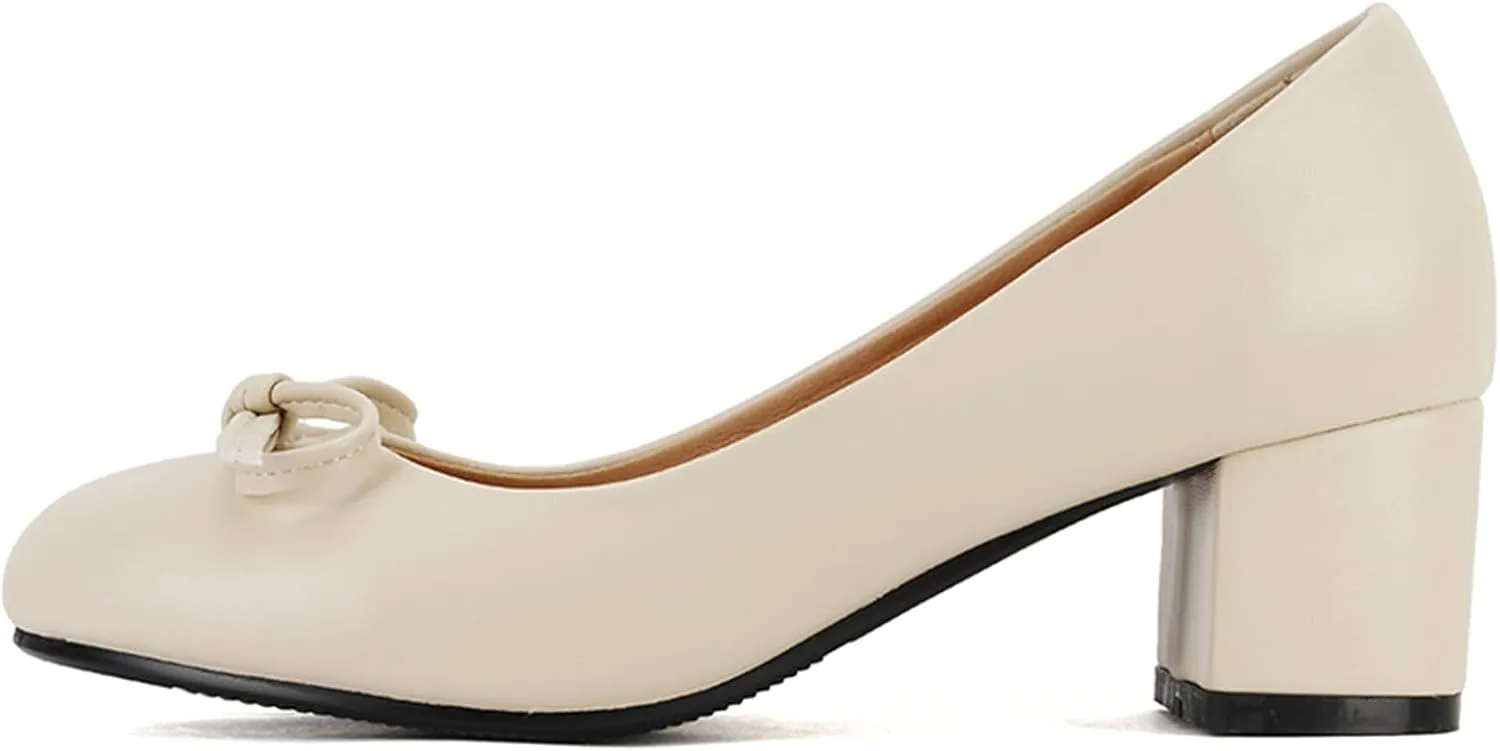Women's Round Toe Chunky Heel Loafers Slip-on Pumps Dress Shoes with Bows