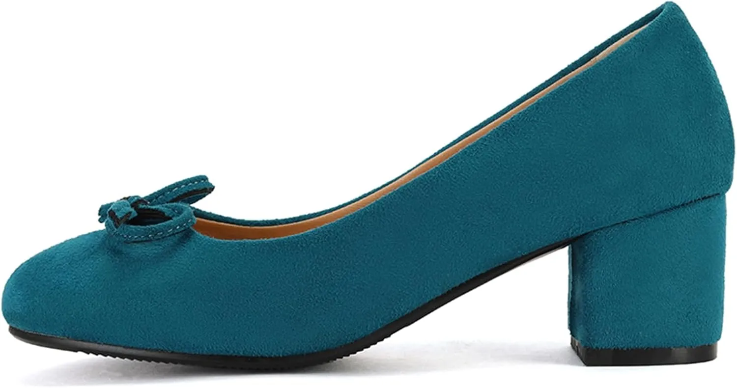 Women's Round Toe Chunky Heel Loafers Slip-on Pumps Dress Shoes with Bows