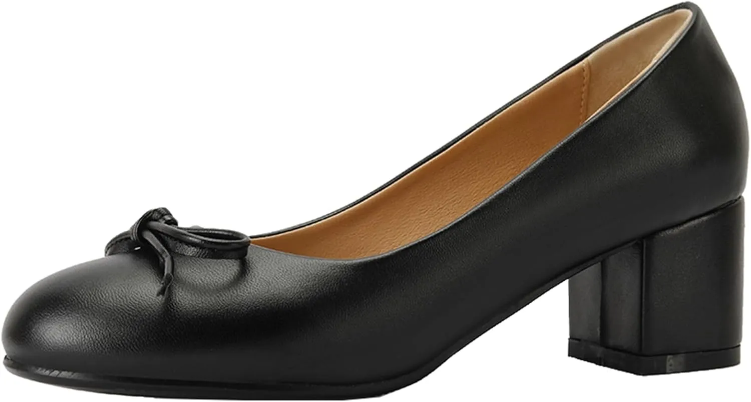 Women's Round Toe Chunky Heel Loafers Slip-on Pumps Dress Shoes with Bows