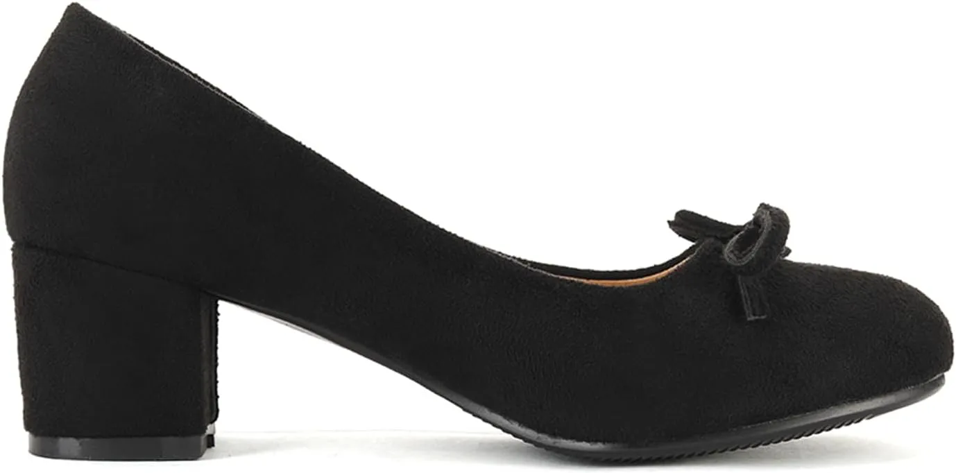Women's Round Toe Chunky Heel Loafers Slip-on Pumps Dress Shoes with Bows