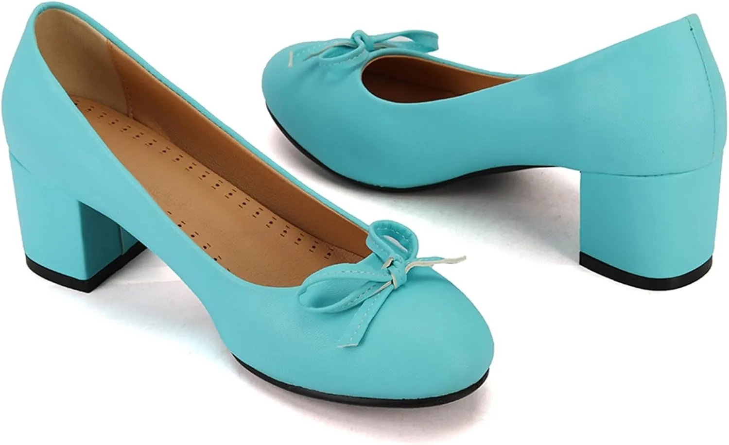 Women's Round Toe Chunky Heel Loafers Slip-on Pumps Dress Shoes with Bows