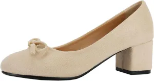 Women's Round Toe Chunky Heel Loafers Slip-on Pumps Dress Shoes with Bows