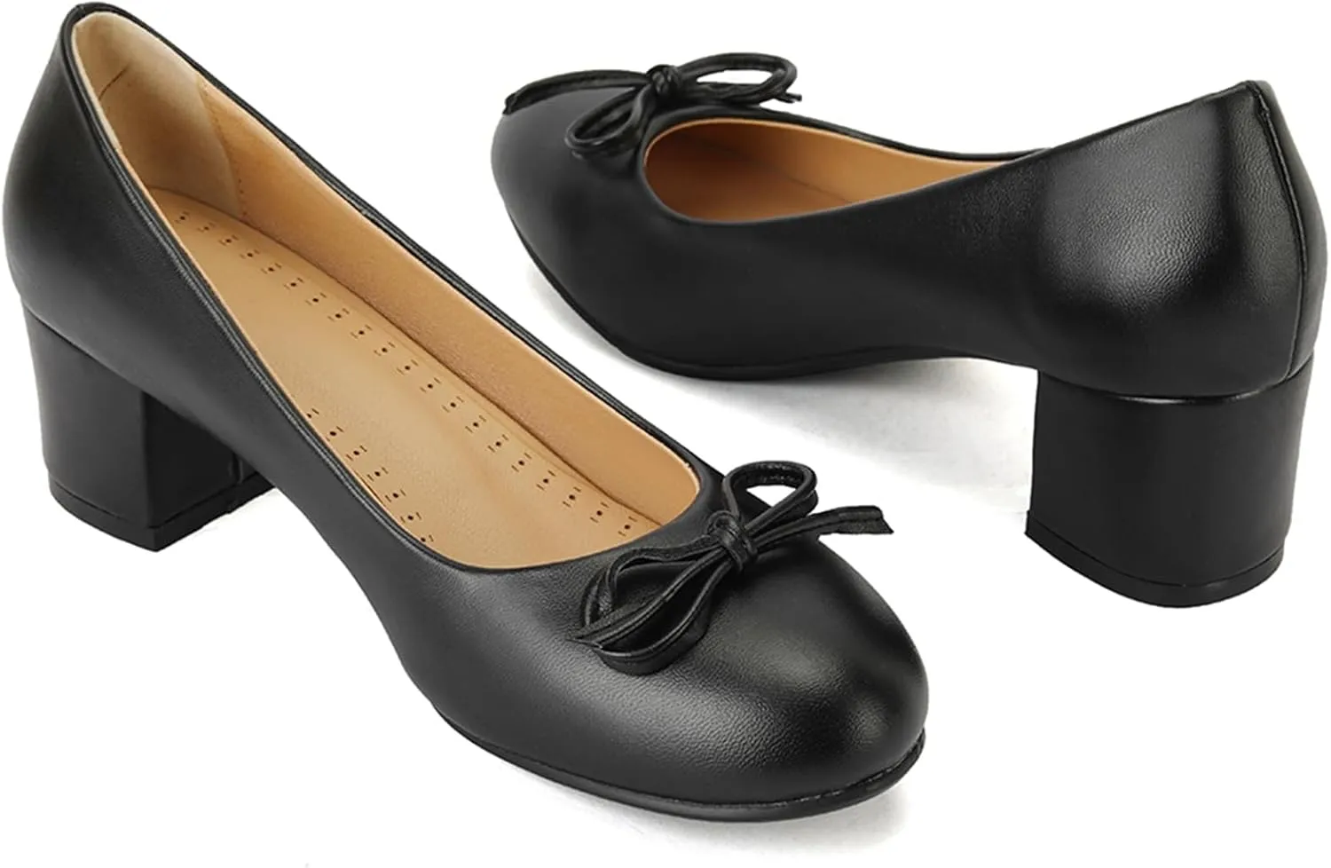 Women's Round Toe Chunky Heel Loafers Slip-on Pumps Dress Shoes with Bows