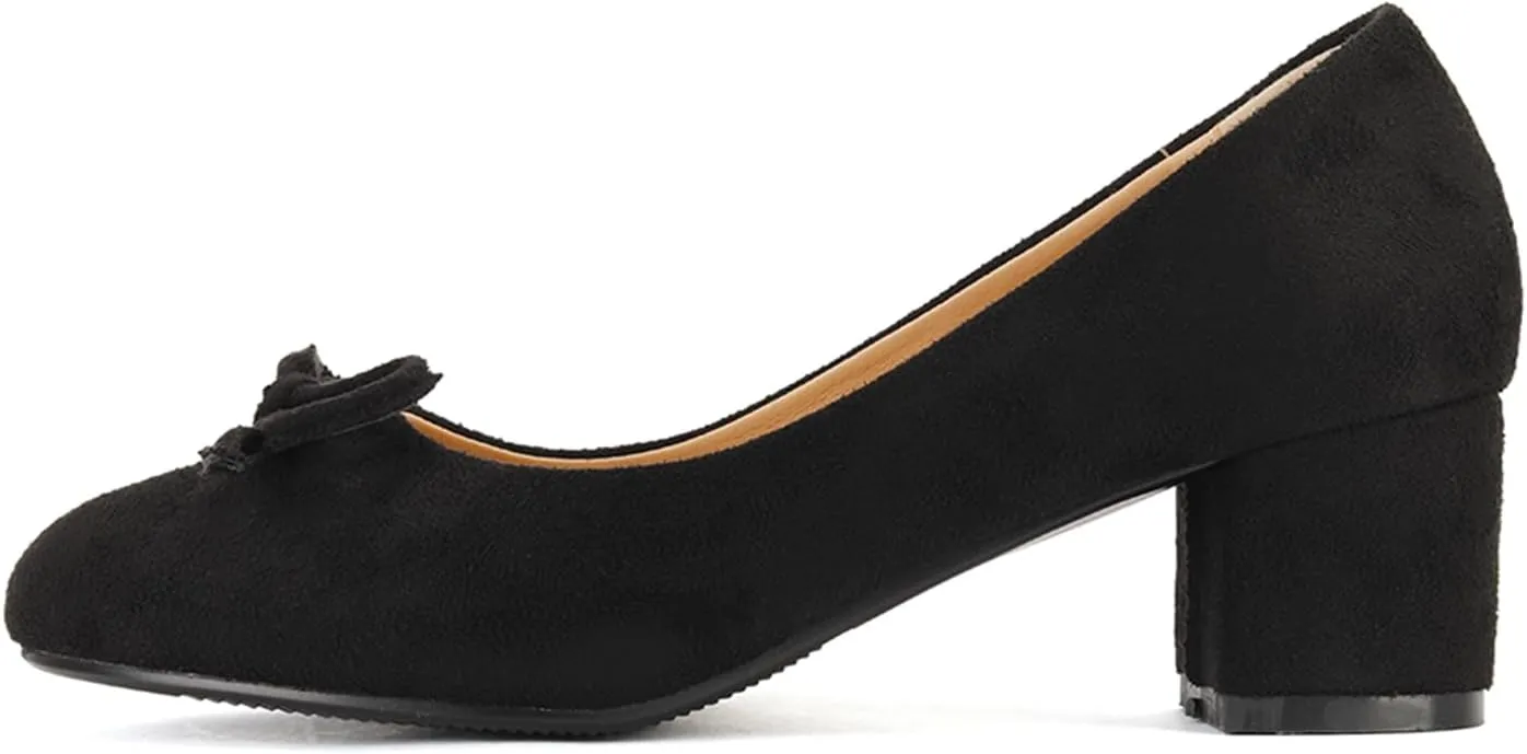 Women's Round Toe Chunky Heel Loafers Slip-on Pumps Dress Shoes with Bows