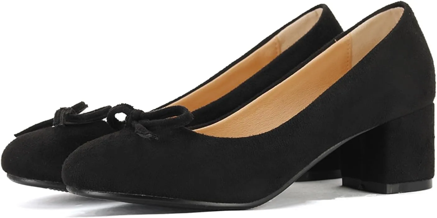 Women's Round Toe Chunky Heel Loafers Slip-on Pumps Dress Shoes with Bows