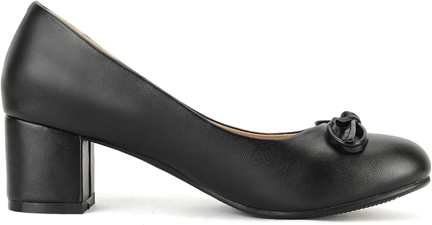 Women's Round Toe Chunky Heel Loafers Slip-on Pumps Dress Shoes with Bows