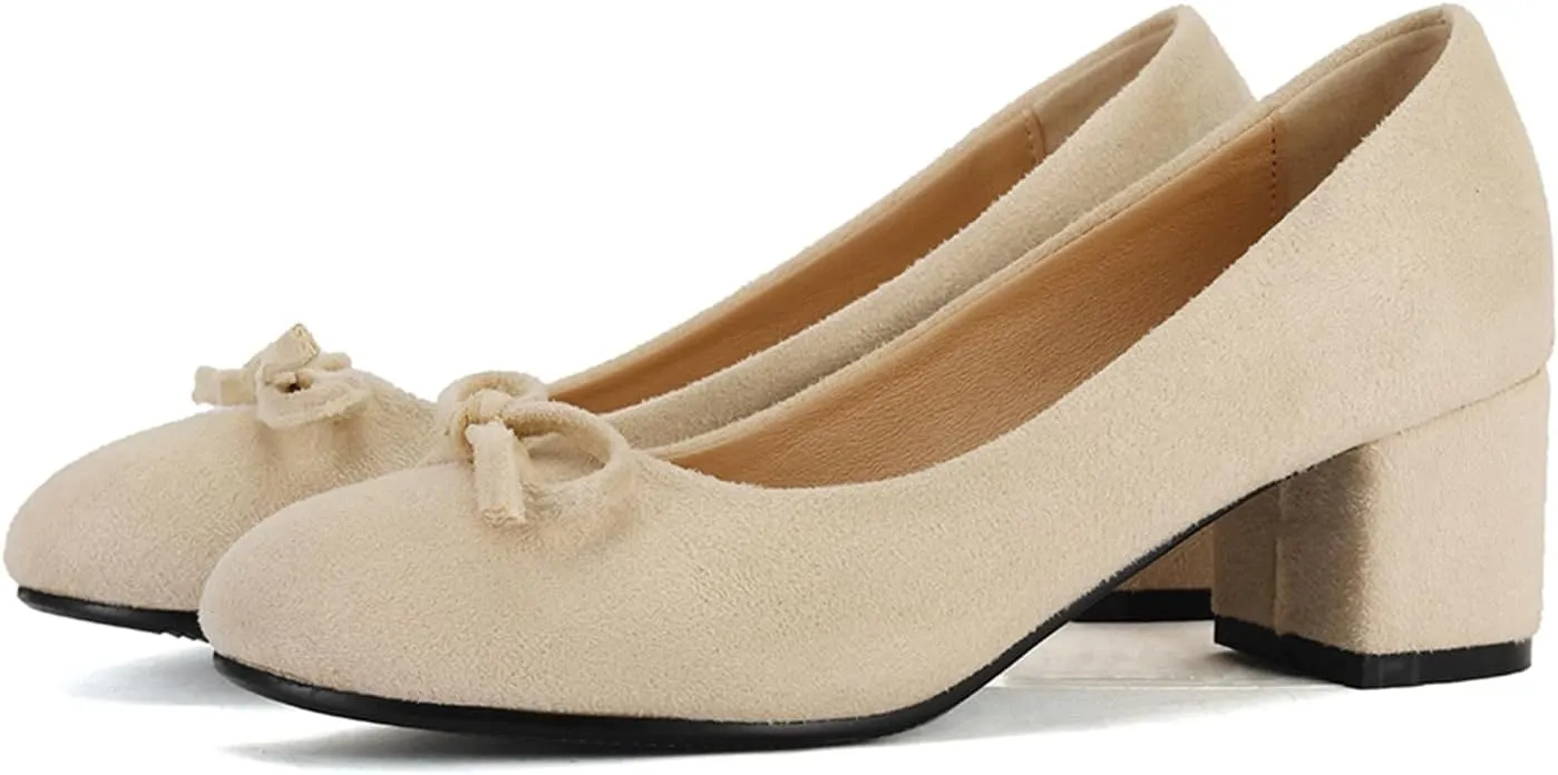 Women's Round Toe Chunky Heel Loafers Slip-on Pumps Dress Shoes with Bows