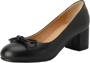 Women's Round Toe Chunky Heel Loafers Slip-on Pumps Dress Shoes with Bows