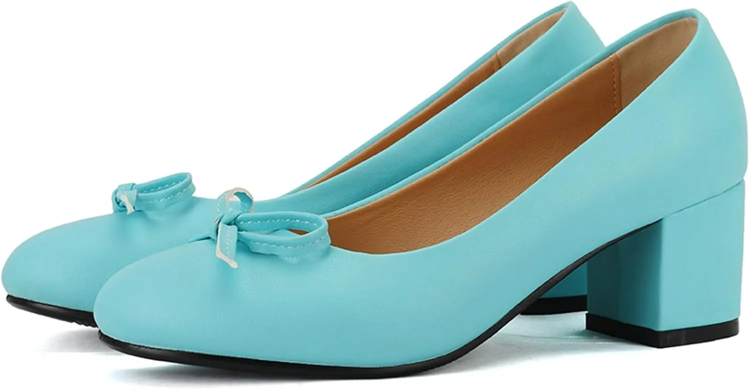 Women's Round Toe Chunky Heel Loafers Slip-on Pumps Dress Shoes with Bows