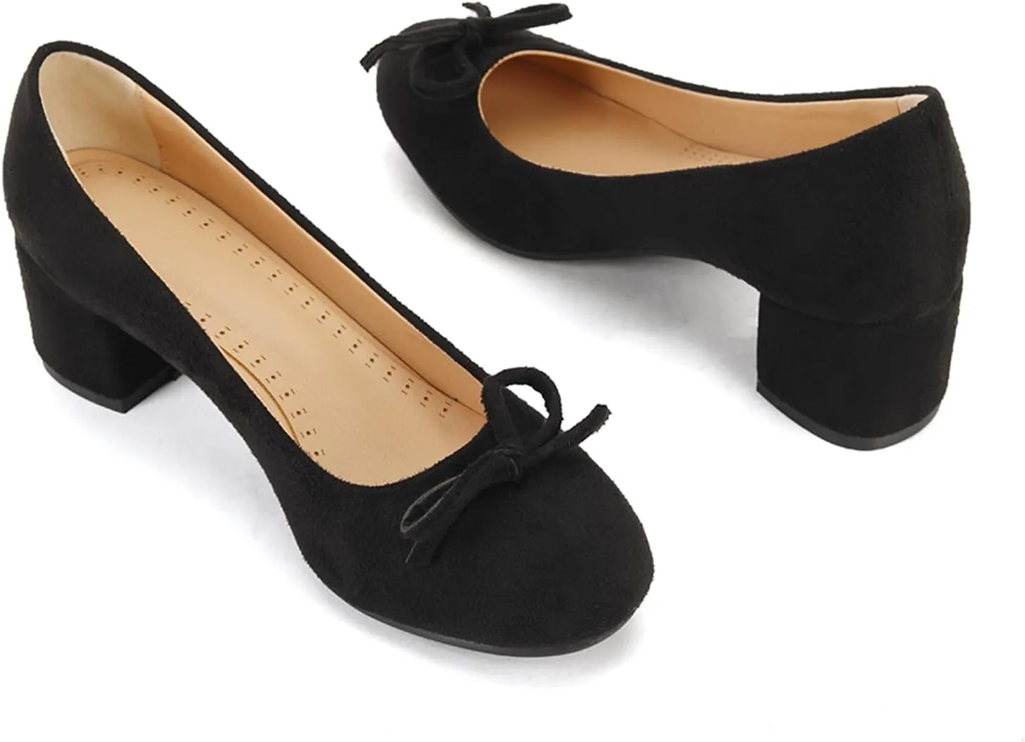 Women's Round Toe Chunky Heel Loafers Slip-on Pumps Dress Shoes with Bows
