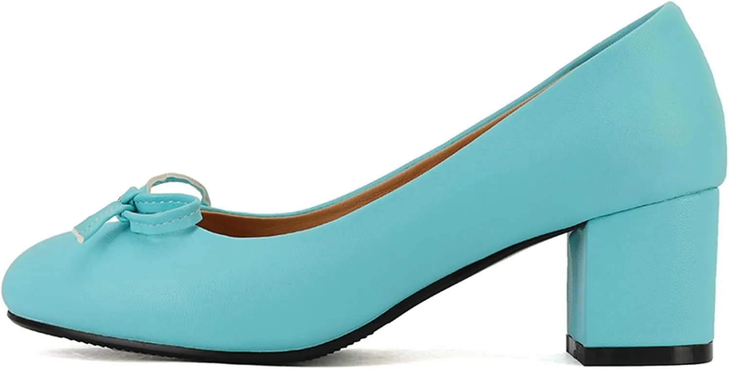 Women's Round Toe Chunky Heel Loafers Slip-on Pumps Dress Shoes with Bows